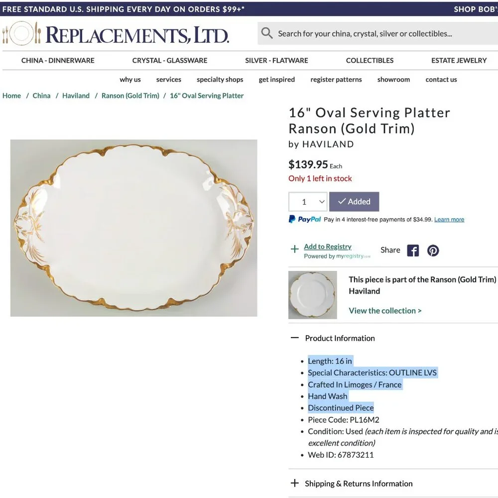Haviland & Co. Limoges France Ranson Gold Trim w. Well Oval Serving Platter 16